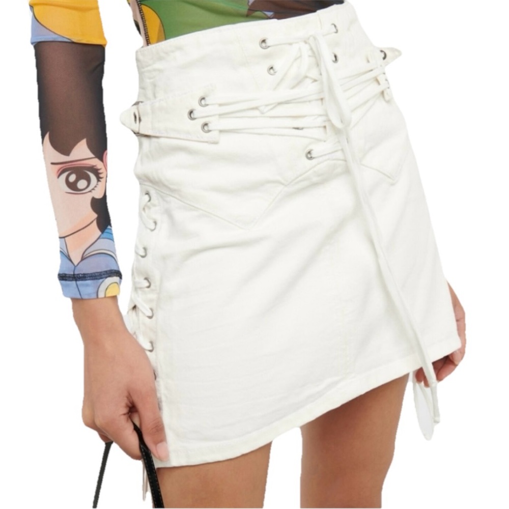 RE/DONE 70’s Lace-Up Skirt Mini High Rise Denim Women’s Vintage White Size 26
